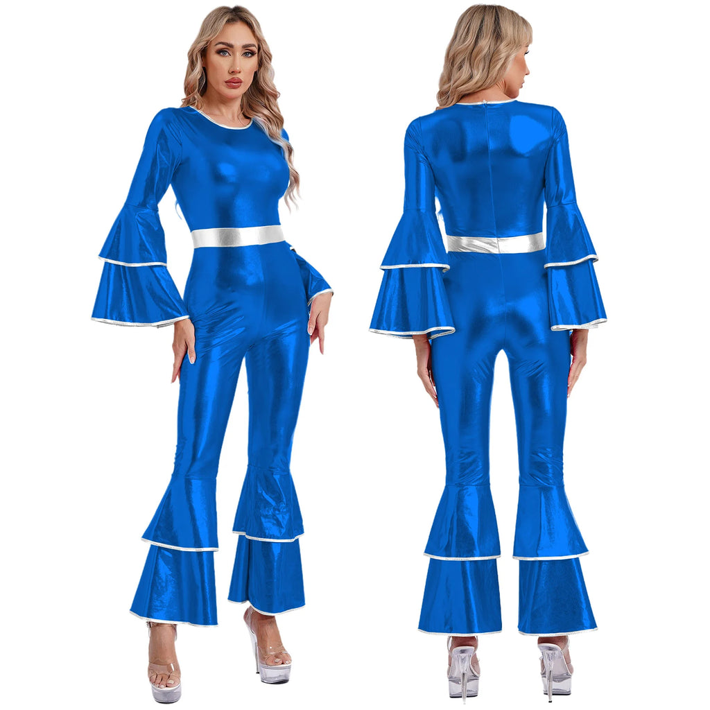 Womens 70S Disco Vintage Jumpsuit Metallic Shiny Flare Sleeve Bodysuit Hippie Bell Bottom Jazz Dance Carnival Rave Party Costume - Matrix Studios