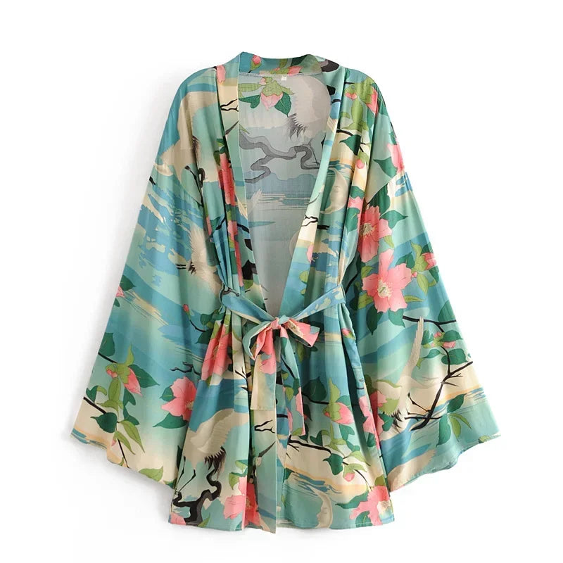 Boho Queens Vintage Green Crane Floral Print Sashes  Women Bohemian V Neck Batwing Sleeves Happie Beach Robe Cover-up - Matrix Studios