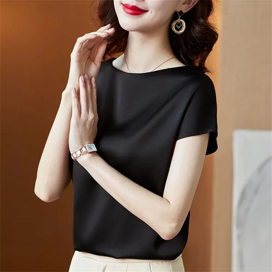 Office Lady Tops Summer Short Sleeve O-Neck Blouses Satin Blouse Women Shirts Simple Solid Casual Loose Shirt Blusas DF4904 - Matrix-studios.com