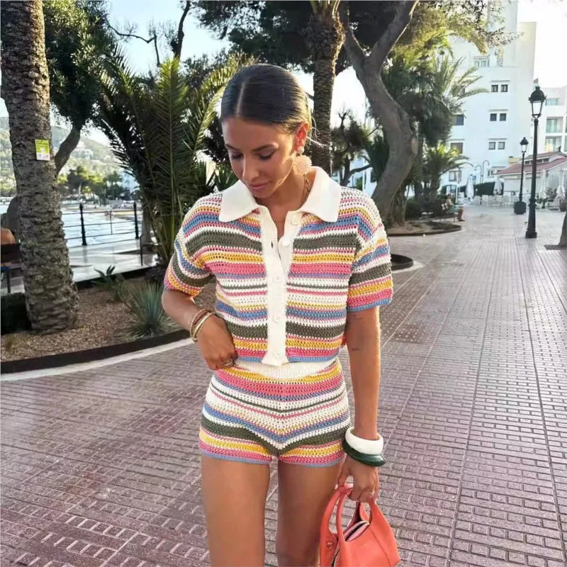 Women Patchwork Striped Hollow Out Crochet Knitted Crop Sweater Shorts Set Short Sleeve Polo Collar Sweater Knit Shorts Suit Y2K - Matrix-studios.com
