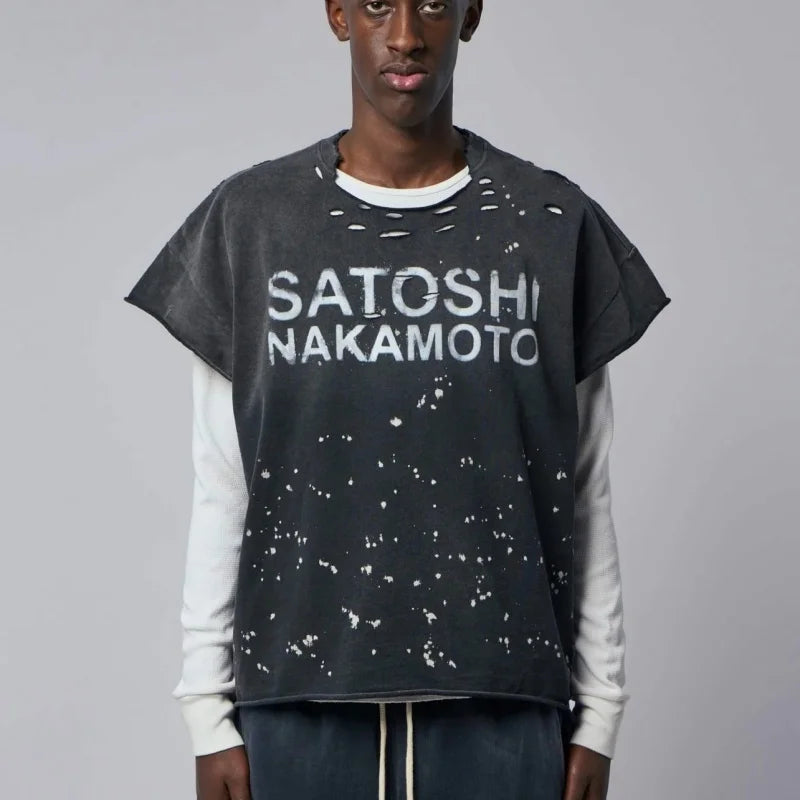 Premium Heavy Cotton Men Sleeveless T Shirt Satoshi Nakamoto Ripped Splatter Drawstring Loose Vintage Tank - Matrix-studios.com