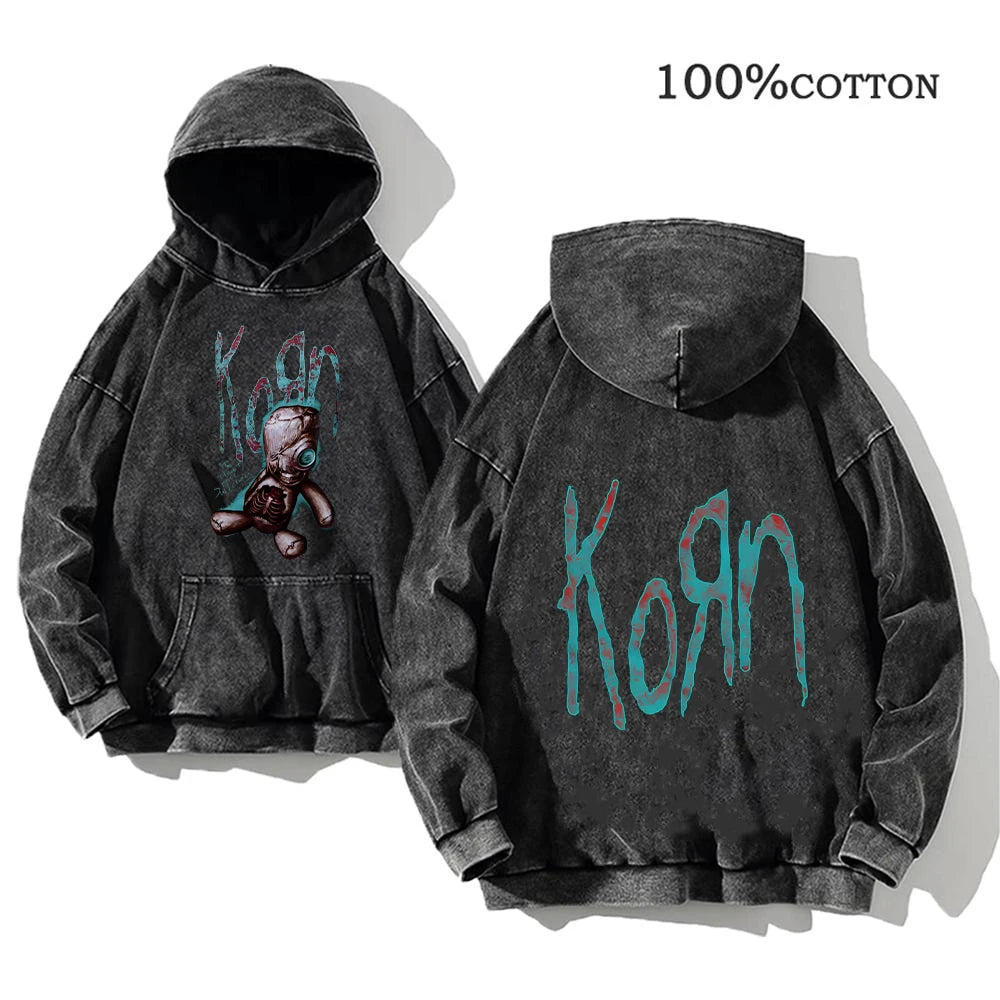 Korn Rock Band World Tour Hoodies Vintage Washed Men's Sweatshirts Cotton Hip Hop Streetwear Hooded Pullover Loose Y2K Tops - Matrix Studios
