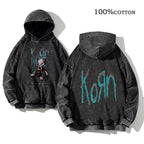 Korn Rock Band World Tour Hoodies Vintage Washed Men's Sweatshirts Cotton Hip Hop Streetwear Hooded Pullover Loose Y2K Tops - Matrix Studios