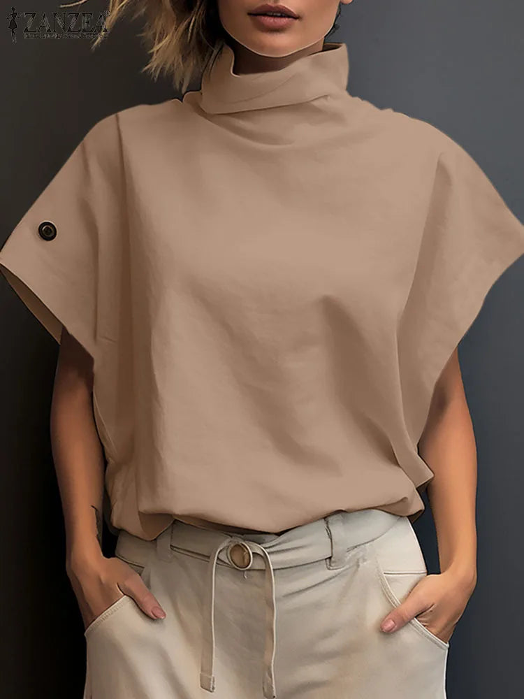 Women Fashion OL Work Shirt 2024 ZANZEA Summer Elegant Turtleneck Short Sleeve Blouse Casual Loose Office Tops Party Blusas - Matrix-studios.com