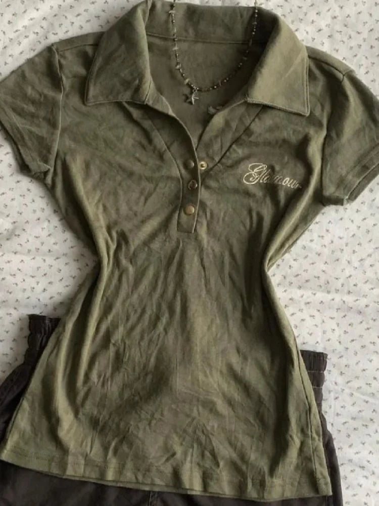 Vintage Polo Shirt Y2k Women's Gothic Style V-neck Slim Harajuku American Letter Print Punk Army Green Short Sleeve T-shirt 2025 - Matrix-studios.com