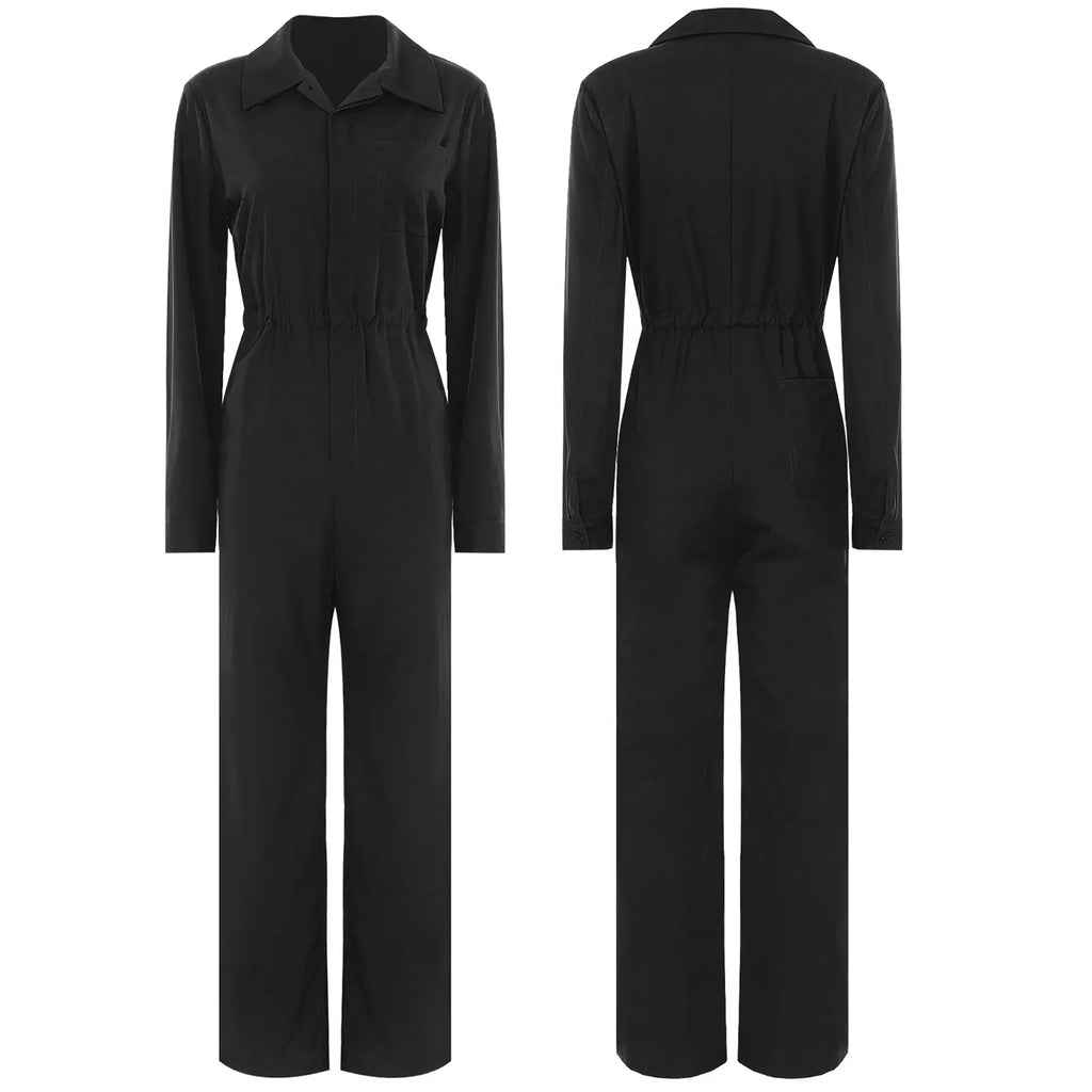 Womens Work Jumpsuit Fashion Button Coverall Casual Turn Down Collar Long Sleeve Romper Overall Elegant Button Front Design - Matrix Studios