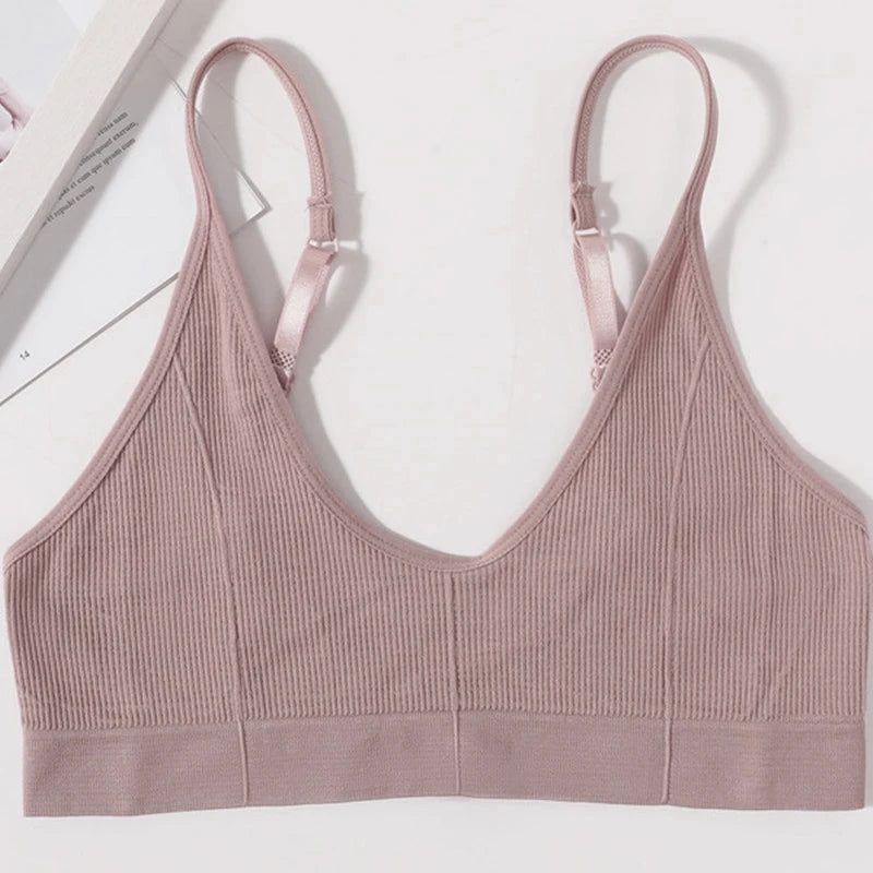 Seamless Tube Top Women's Ribbed V-Neck Wireless Bralette U-Back Daily Wear Bra Sexy Lingerie Adjust Straps Sports Underwear M-L - Matrix Studios