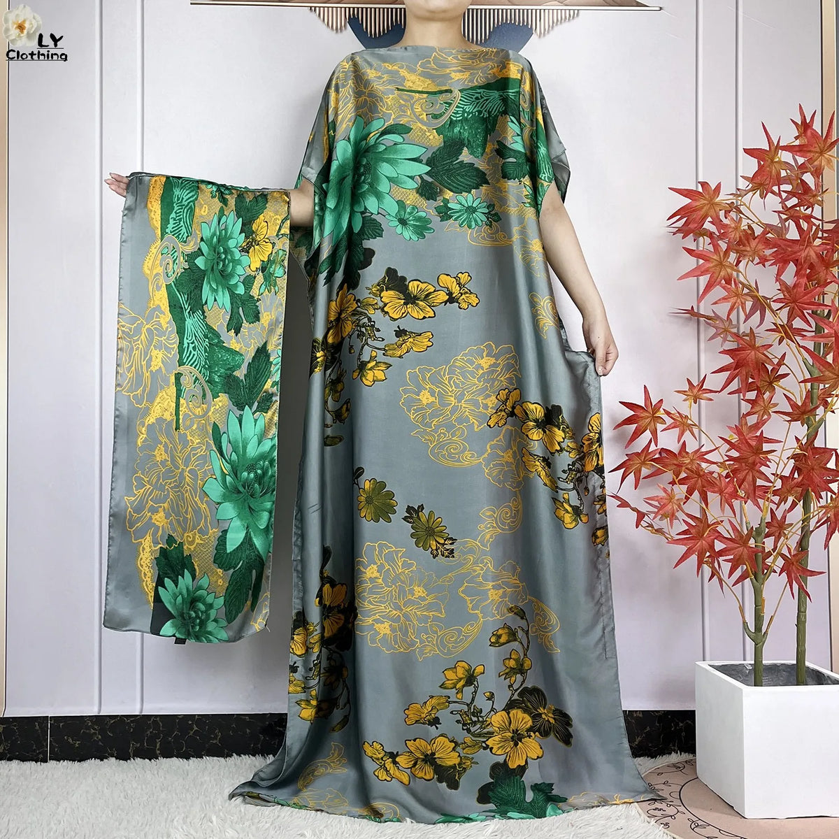 Muslim Abayas For Women 2023 New Fashion Printed Silk Soft Loose Femme Elegant Robe African Maxi Party Dresses With Belt Turban - Matrix-studios.com