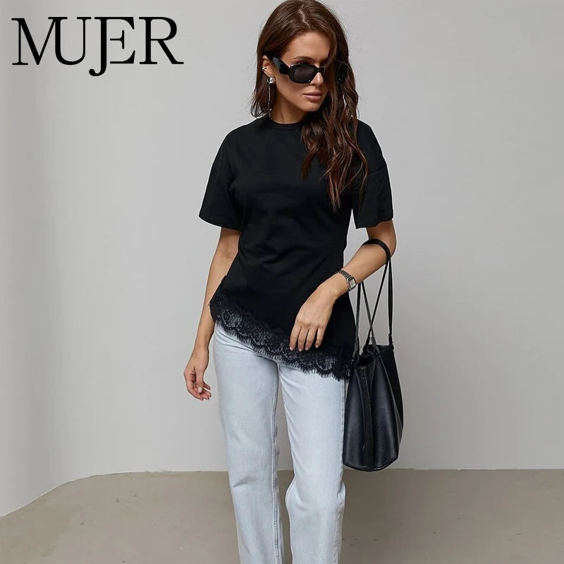 MUJER Asymmetric Lace T Shirts Woman Short Sleeve Polo Women T-shirts Summer Casual Tops for Women Holiday Funny Women's T-shirt - Matrix-studios.com