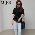 MUJER Asymmetric Lace T Shirts Woman Short Sleeve Polo Women T-shirts Summer Casual Tops for Women Holiday Funny Women's T-shirt - Matrix-studios.com