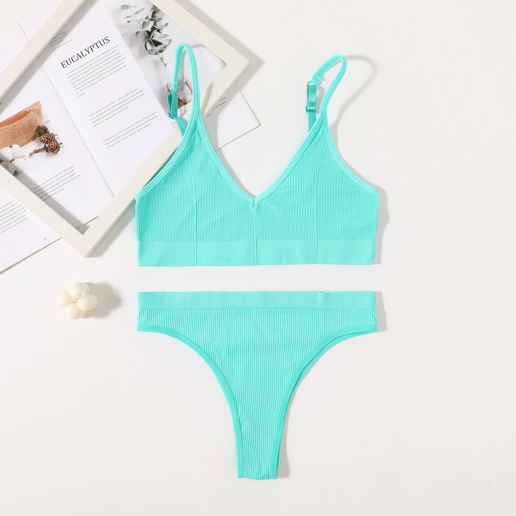 Women Seamless Bra Set Push Up Bras V-neck Tops High Rise Briefs Seamless Underwear Wire Free Brassiere Sexy Lingerie Set - Matrix-studios.com