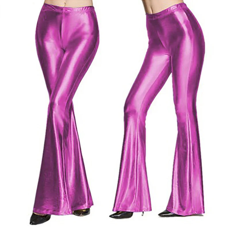 Women Shiny Flare Trousers Metallic Bell Bottoms Ruffle Wide Leg Pants Retro 70s Retro Disco Costume Stage Prom Club Trouser