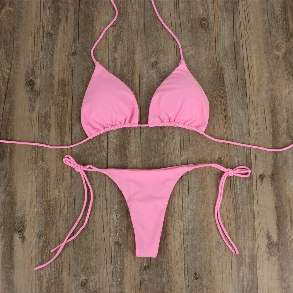 Women Tie Sexy Thong Bikini Set Side Swimsuit Bandage Style Brazilian Swimwear Split Strap Adjustable Solid Female Swimsuit Set - Matrix-studios.com