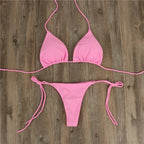 Women Tie Sexy Thong Bikini Set Side Swimsuit Bandage Style Brazilian Swimwear Split Strap Adjustable Solid Female Swimsuit Set - Matrix-studios.com