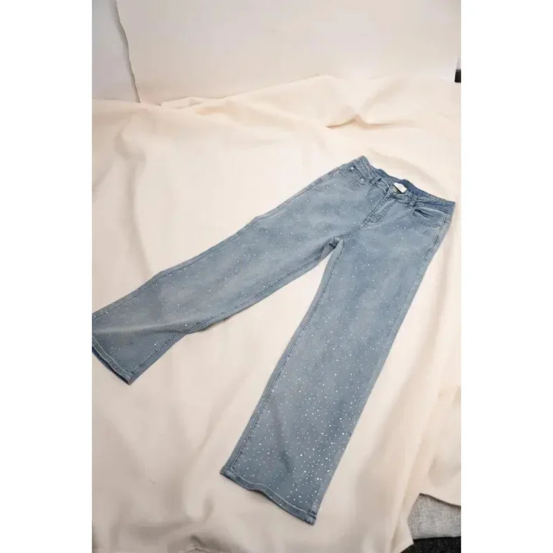 2025 Women Jeans Straight Diamonds Pants Stretch High Waist Washed Mom Jeans Y2k Streetwear Trousers Vintage Denims Streetwear - Matrix-studios.com