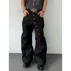 American Retro Long Row Button Design Men's Jeans High Street Loose Wide Leg Floor-Length Trousers Trendy Casual Jeans - Matrix Studios