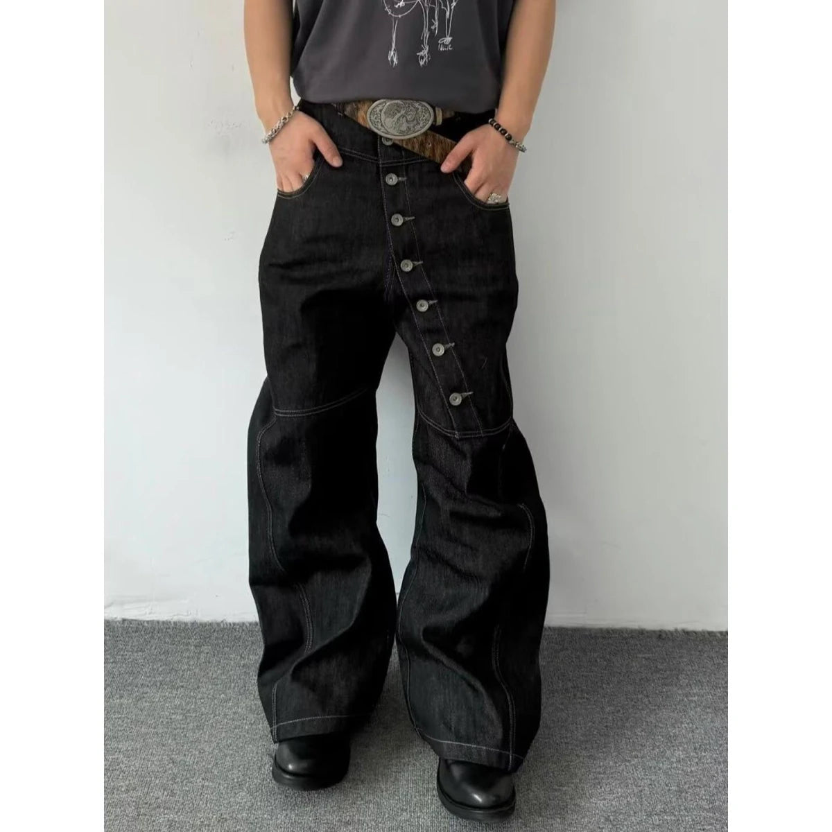 American Retro Long Row Button Design Men's Jeans High Street Loose Wide Leg Floor-Length Trousers Trendy Casual Jeans - Matrix Studios