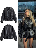 HH Women Fashion Black Short Faux Leather Trench Coat Long Sleeve Lapel Jacket With Belt Vintage Lady Motorcycle Jacket Outwear - Matrix Studios