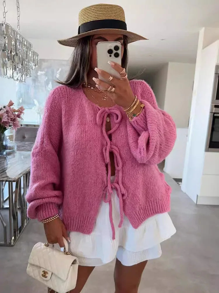 Solid Color O-neck Lace-up Knitted Cardigan Women 2025 Autumn Winter Streetwear Casual Simplicity Sweater Coats - Matrix Studios