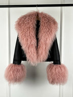 2025 Winter Women Warm Faux Leather Sheepskin Coat Female Zipper Slim Streetwear Moto Biker Jacket Large Real Wool Fur Collar - Matrix Studios
