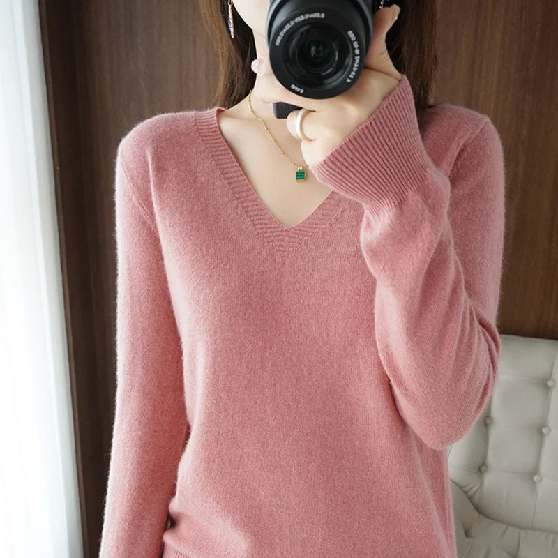 New Cashmere Women's V-neck Pullover Lace Neck Hollow Out Design Casual Knitted Long Sleeve Women's Sweater Autumn And Winter - Matrix-studios.com