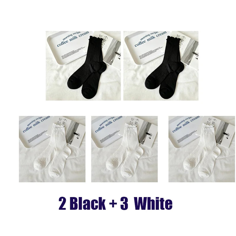 5 Pairs/Lot Women Hollow Mesh Tube Socks Ear Fungus Edge Socks Ins Trendy Spring Summer Loose Mouth Thin Style Girls Pile Socks - Matrix Studios