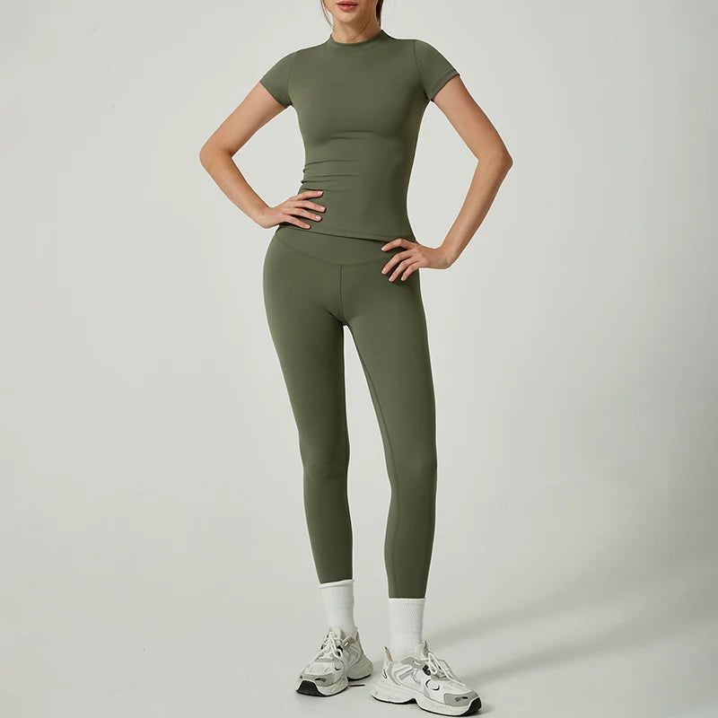 Quick-Drying Gym Leggings Set Sport Suit Short Sleeve Breathable Stretchy Slim Fitness Active Top Tight Gym Set - Matrix-studios.com
