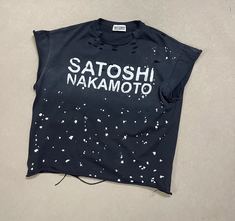 Summer SATOSHI Waistcoat Blue Splash Ink Destruction Sleeveless Tank Top Retro Fading Letter Tshirt Men Women Vest Streetwear - Matrix-studios.com