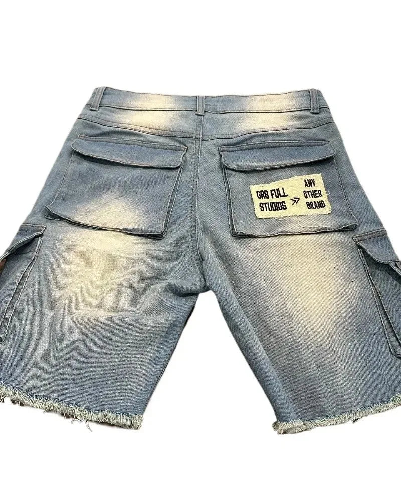 American New Retro Letter Embroidery Tooling Denim Shorts Trend Gothic Y2K Harajuku Hip-hop Loose Sports Shorts Street clothes