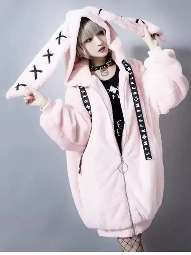 Lautaro Autumn Oversized Sweet Cute Soft Purple Black Faux Fur Coat Women with Bunny Ears Kawaii Loose Fluffy Jacket Hoodie 2023 - Matrix Studios