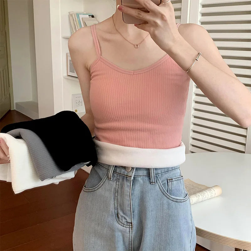Women Sexy Solid Color Tops Thermal Casual Comfortable Elasticity Crop top Black Thin Velvet Sleeveless  Underwear Tank Top - Matrix-studios.com