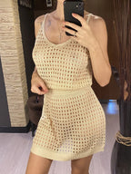 S - XL V Neck Hollow Out Crochet Knitted Tunic Beach Cover Up Cover-ups Beach Dress Mini Beach Wear Beachwear Female Women V7048 - Matrix Studios