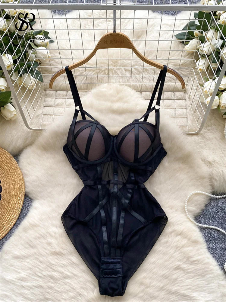 SINGREINY Women Corset Slim Sexy Bodysuits Sleeveless Gauze Short Playsuits Fashion Open Crotch Underwear Camis Solid Rompers - Matrix Studios