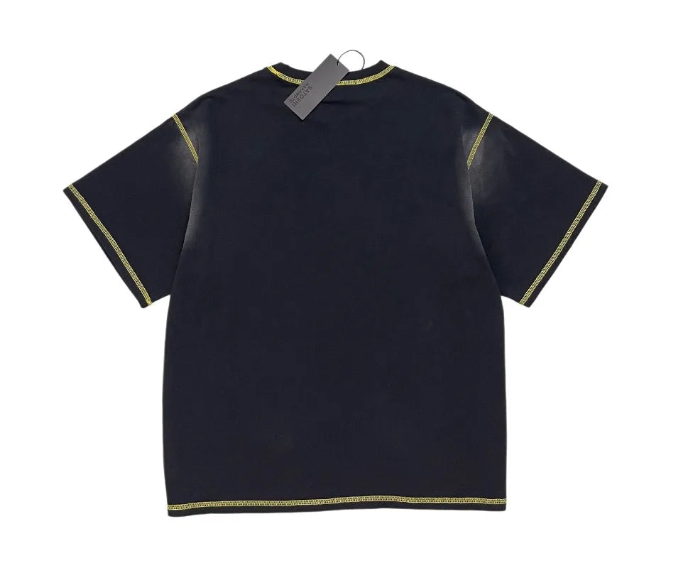 American High Street Washable Distressed Black SATOSHI Tshirts Stitch Patchwork Short Sleeves Men Women Casual Round Neck Tops - Matrix-studios.com