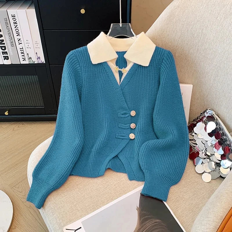New 2026 Autumn Winter Design Splicing Slim Women Knitted Cardigan Sweater Jacket Fashion Fake Two Items Loose Ladies Top - Matrix Studios