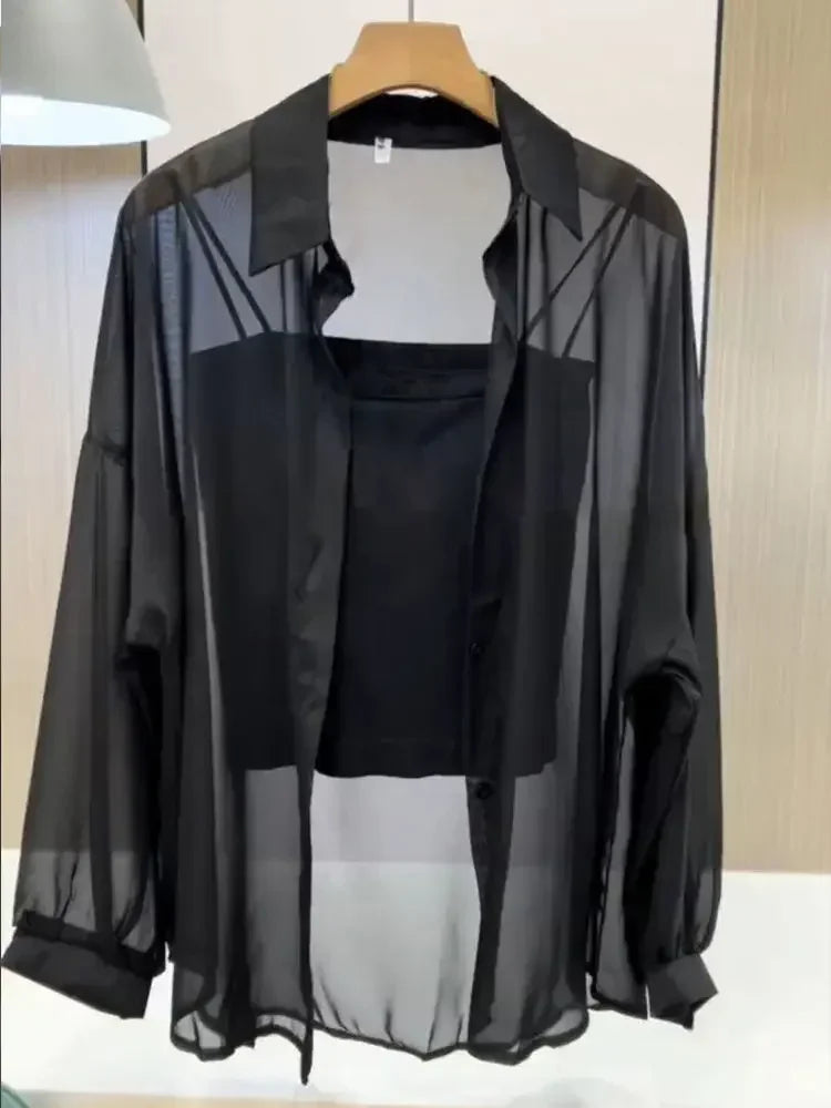 Plus Size Women’s Tops 2025 Summer Breathable and Sun-Proof Ice Silk Button Thin Loose Sheer Chiffon Blouses Shirts Long Sleeve - Matrix-studios.com