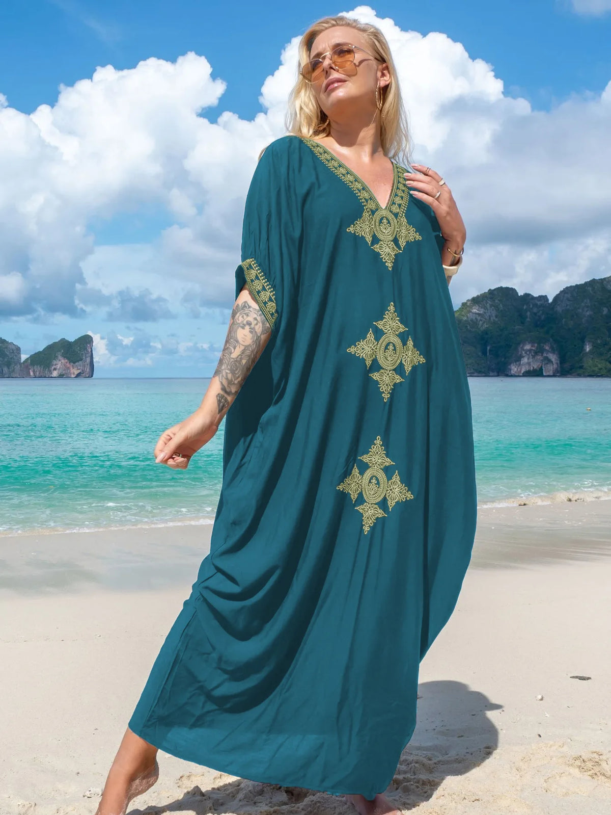 Women's Clothing Gold Embroidery Long Kaftan Dresses V Neck Caftan Dress Beach Cover Ups Tunic Maxi Dress - Matrix Studios
