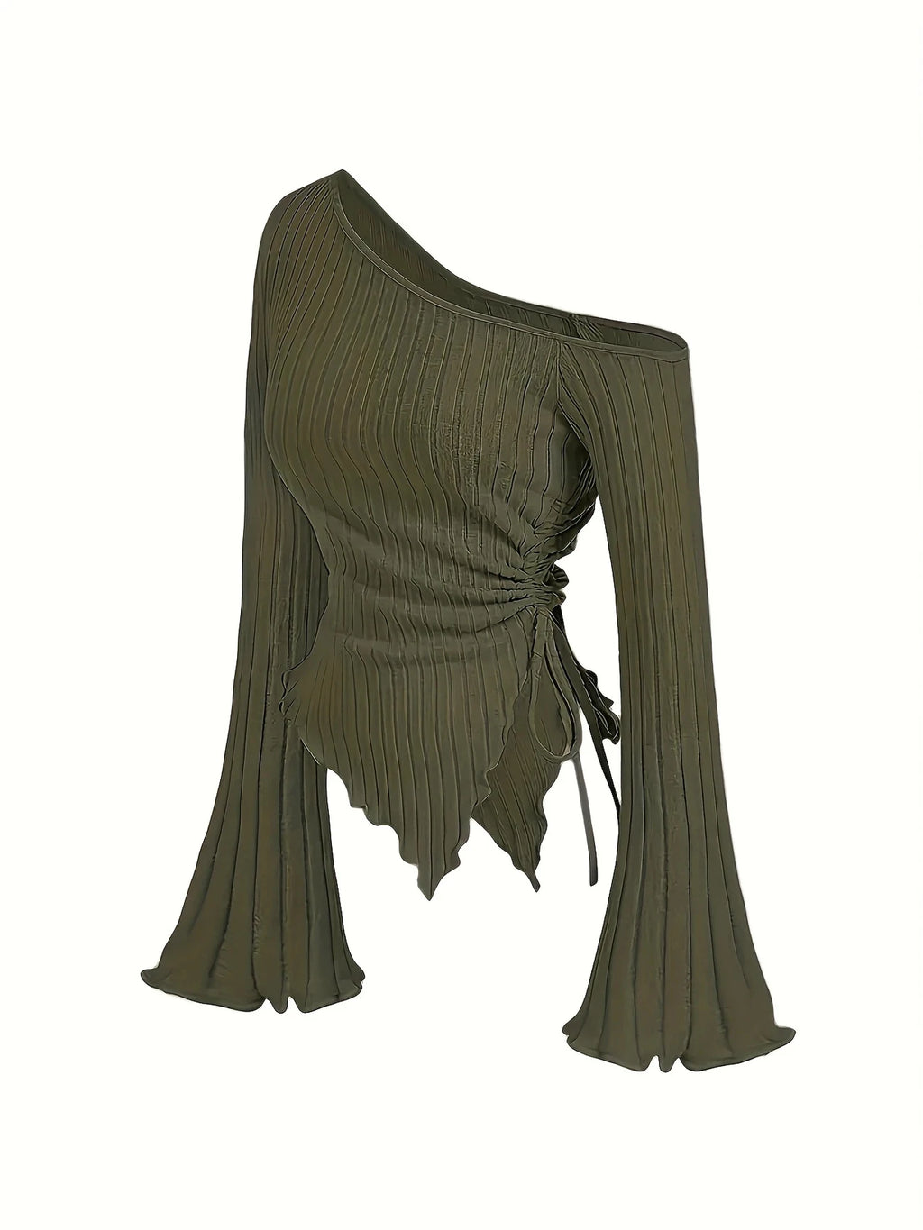 Women's Off-Shoulder Cross Long-Sleeved Slim Fit T-Shirt Asymmetrical Street Style Casual Elegant Top with Trumpet Sleeves - Matrix-studios.com