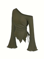 Women's Off-Shoulder Cross Long-Sleeved Slim Fit T-Shirt Asymmetrical Street Style Casual Elegant Top with Trumpet Sleeves - Matrix-studios.com