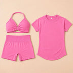 3 Pieces Gym Set Woman Seamless Short Sleeve Top Scrunch Gym Shorts Sport Strappy Bra Bodysuit Workout Suits Gym Clothes - Matrix-studios.com
