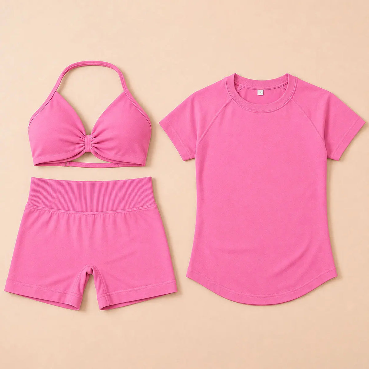 3 Pieces Gym Set Woman Seamless Short Sleeve Top Scrunch Gym Shorts Sport Strappy Bra Bodysuit Workout Suits Gym Clothes - Matrix-studios.com