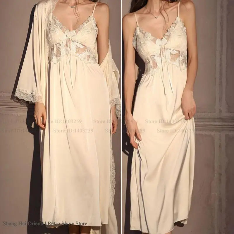 Elegant Female Long Robe Set Nightgown Silky Ice Silk Sleepwear Homewear SEXY Hollow Out Lace Nightdress Lingerie Loungewear - Matrix-studios.com