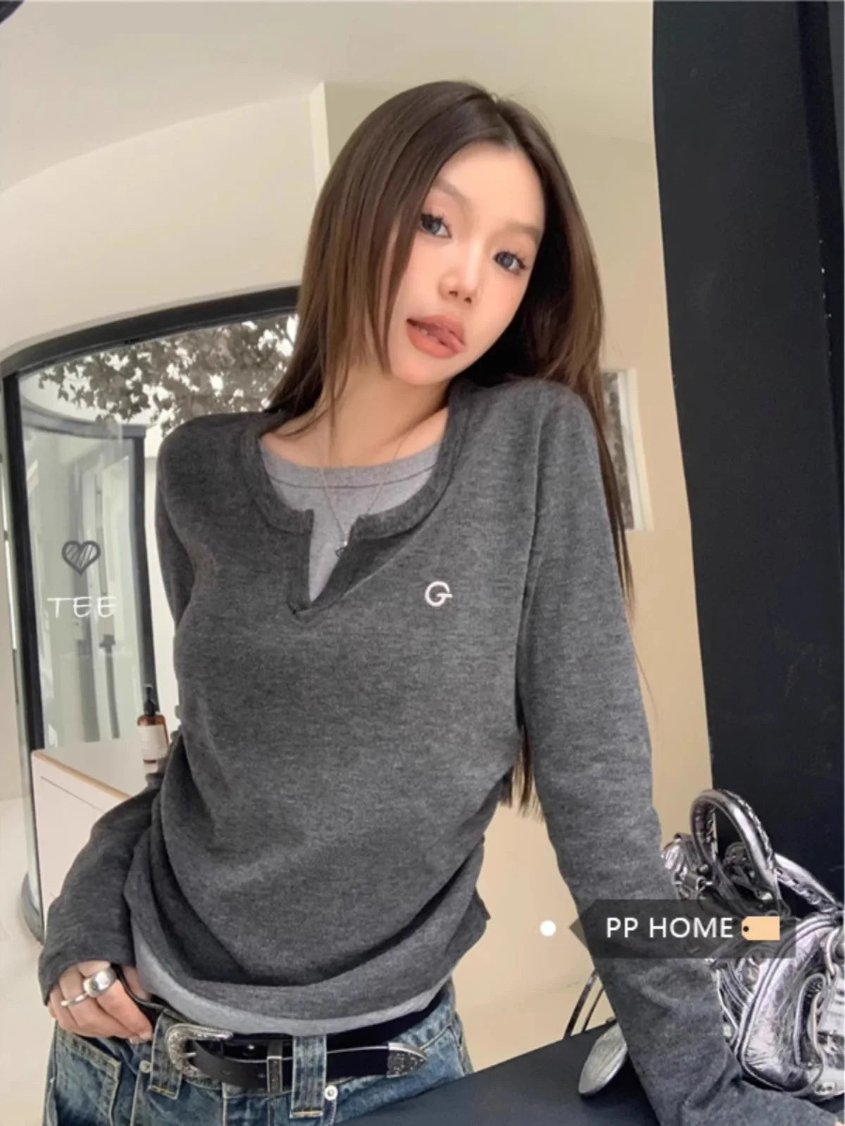 Women's T-shirt fake two piece long sleeved T-shirt for autumn and winter slim fit and slimming bottom top retro bottom top - Matrix-studios.com