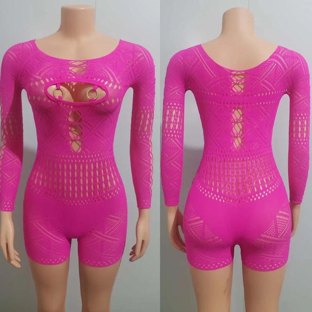Women's Sexy Long Sleeve Jumpsuit See Through Outfit Sheer Mesh Hollow Out Night Club Short Romper - Matrix Studios