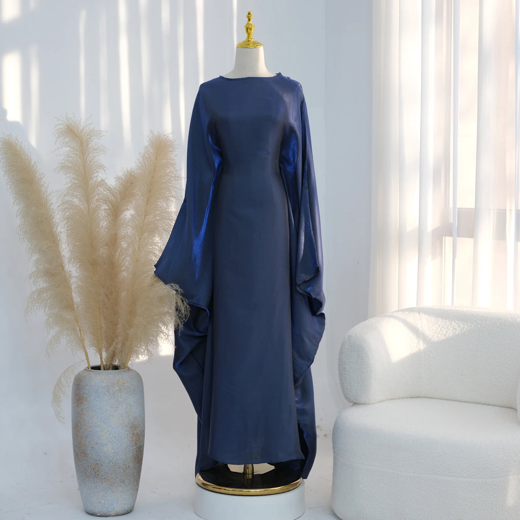 Ramadan Eid Evening Party Shiny Kaftan Dress for Women, Butterfly Sleeves Round Neck Muslim Women Abaya Dubai Islamic Clothing - Matrix-studios.com