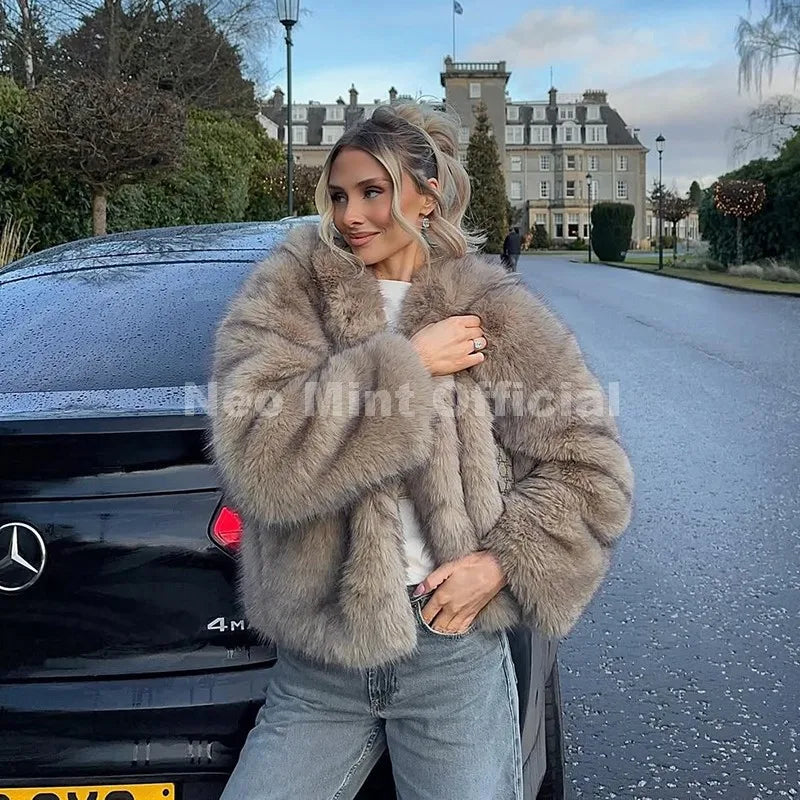 Neo Mint Exclusive Women Winter Hooded Faux Fur Coat Chic Street Fashion Girls Fluffy Fox Fur Jacket Thick Warm Shaggy Overcoat - Matrix Studios
