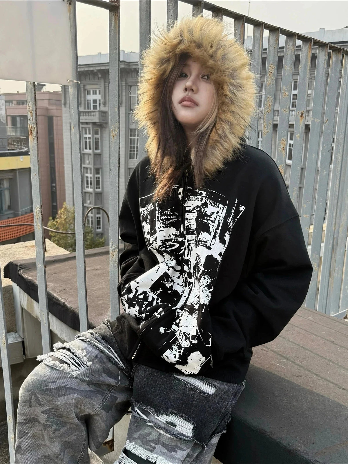 Subculture Gothic Women Coats with Hoodies Vintage Korean Harajuku Black Jackets Faux Fur Coat Female Loose Casual Sweatshirt - Matrix Studios
