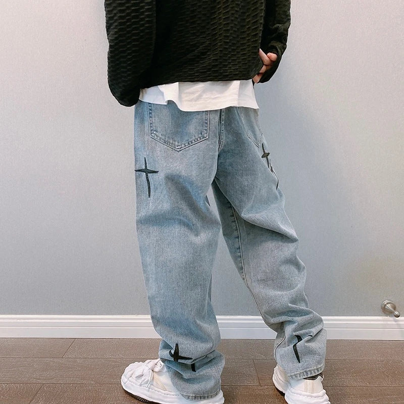 Prints Jeans Men 2023 New Streetwear Baggy Wide Leg Jeans Korean Fashion Drapes Straight Casual Loose Denim Cargo Pants - Matrix Studios