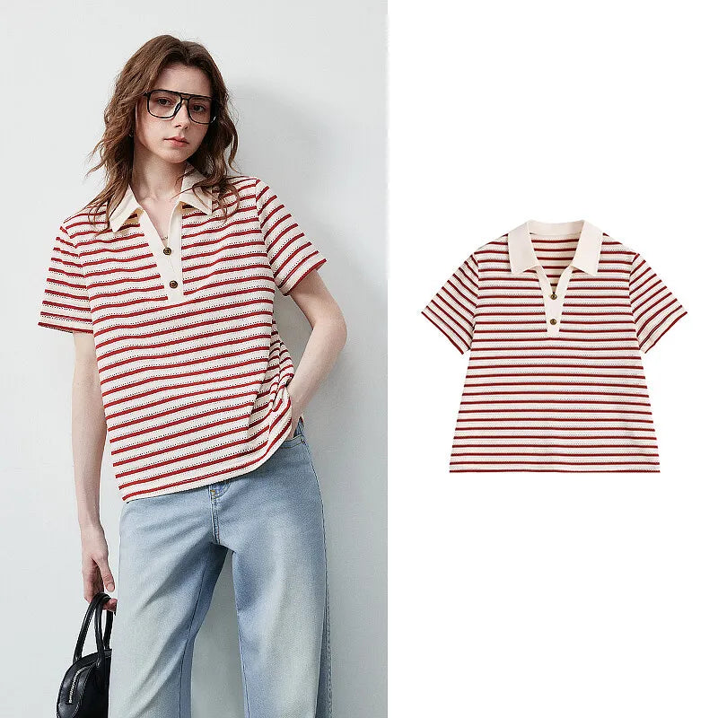 TOYOUTH Women's T-Shirt 2026 Summer New Hollow Stripe Color Block Polo Collar Nautical Top, Loose Fit Vintage Tee - Matrix-studios.com