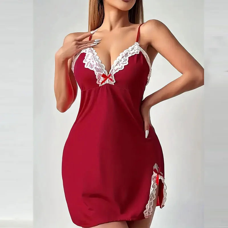 Plus Size Set Lace Bra And Thong Sets Sexy Dress Women's Lingerie V-Neck Nightgown Split Hem Soft Lingeries Female Clothes Hot - Matrix-studios.com